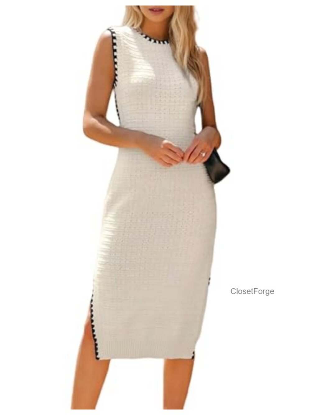 Sleeveless Sweater Knit Midi Dress Crochet Contrast Trim Mesh Bodycon